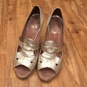 Gold leather open toe heel sandals